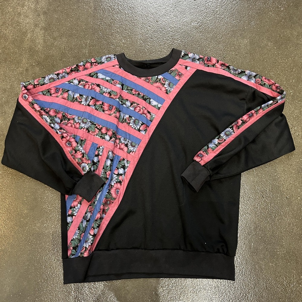 Floral Patchwork Sweatshirt Womens Large Black Pink Blue Retro 80s‎ Style